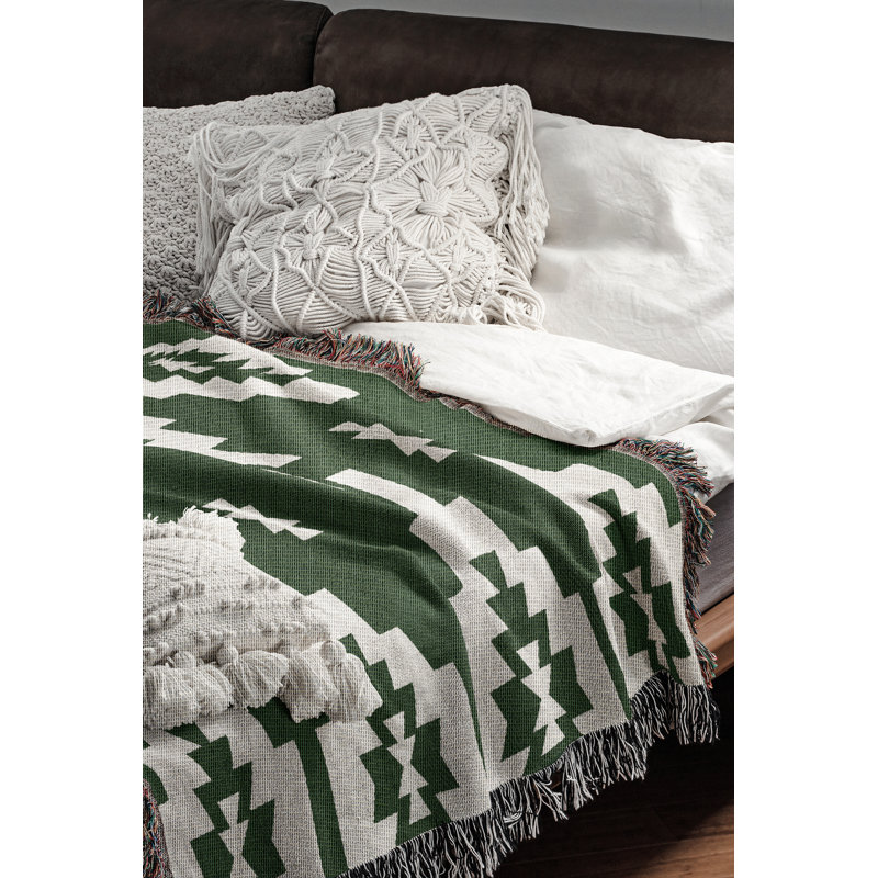 Hinto South Western Cotton Blend Blanket Throw, Green/Off-White, 60" L x 50" W