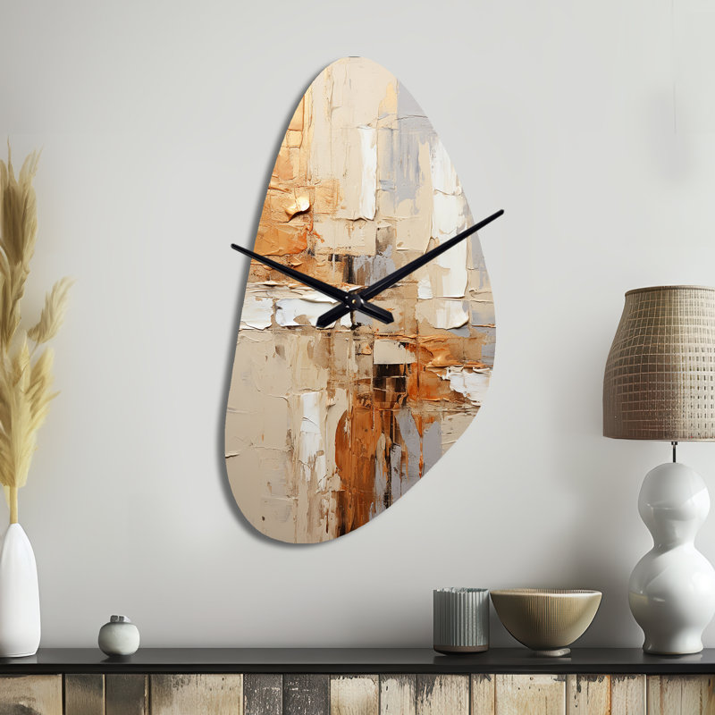 Beige Grey Geometric Collage II - Abstract Collages Unique Shape Metal Wall Clock, Beige Asymmetrical Wall Clock Print, Large