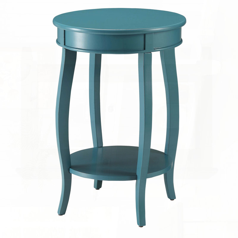 Teal Round Side Table with Bottom Shelf and Cabriole Legs, Teal