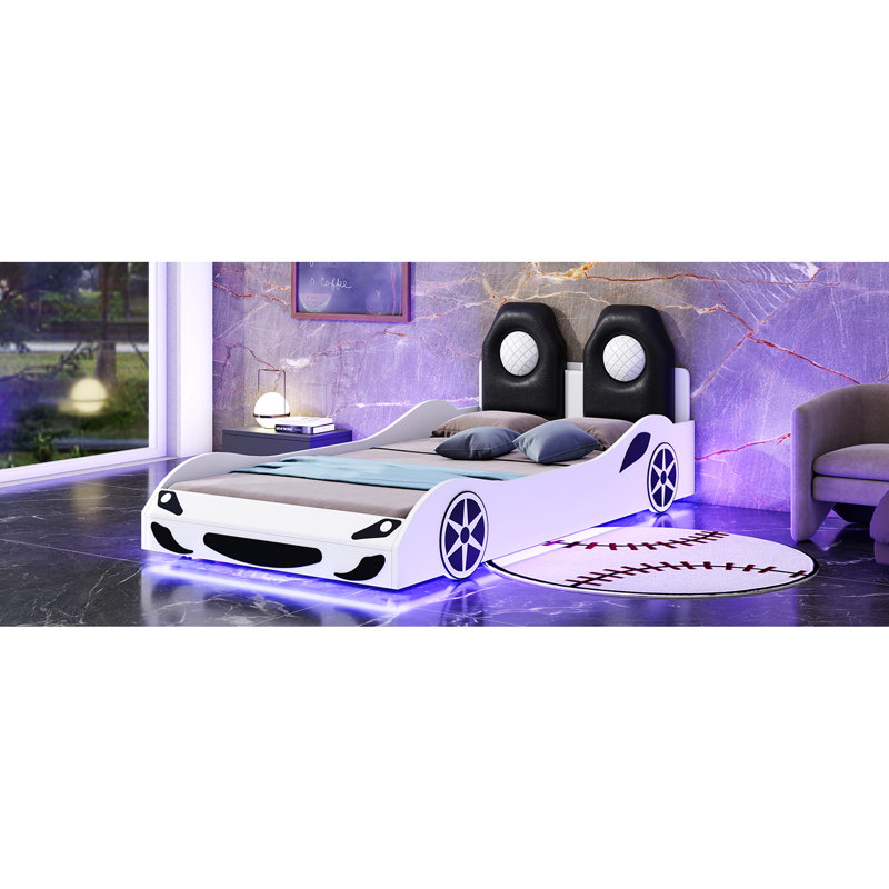 Lit de voiture de course simple blanc avec repose-pieds rembourré à DEL et support - Plateforme en forme de voiture de taille solide et douce, charmante