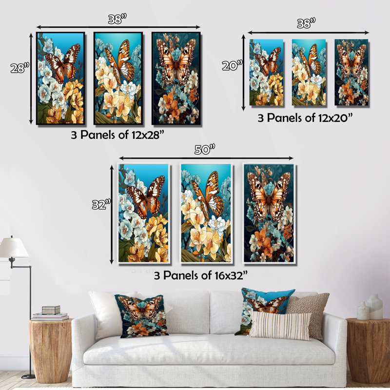 Gracious Brown Butterfly On Orchids Retro - Animals Butterfly Art Set Of 3 Pieces, Cadre blanc, H 20 po x l 36 po