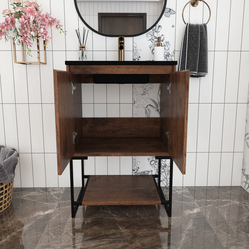 Meuble-lavabo autoportant à simple cuve 24 po avec plateau en marbre Sylee, Noir, Palissandre