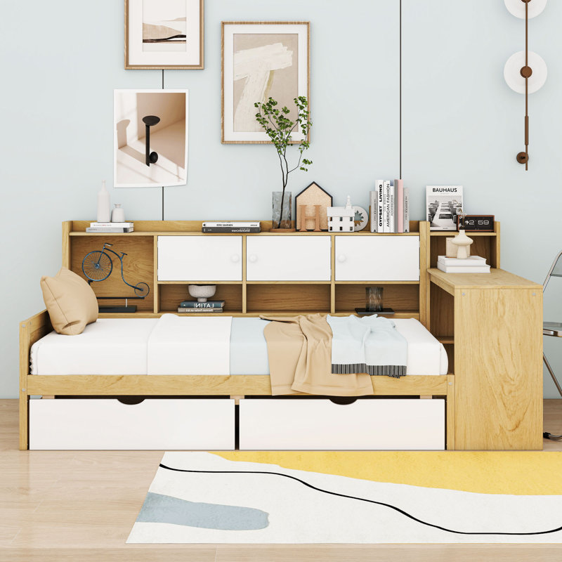 L-Shape Daybed with Ample Storage and Study Desk, Natural/White, Twin