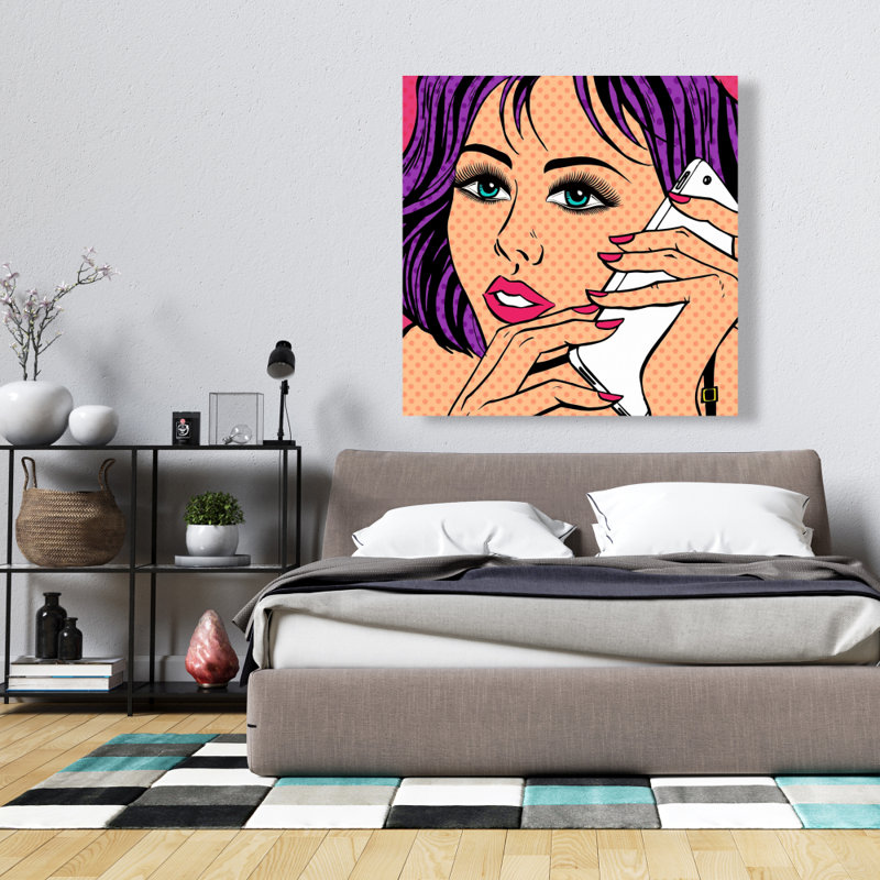 Dame au téléphone de style Pop Art - décor de toile figurative rétro, H 36 po x l 36 po