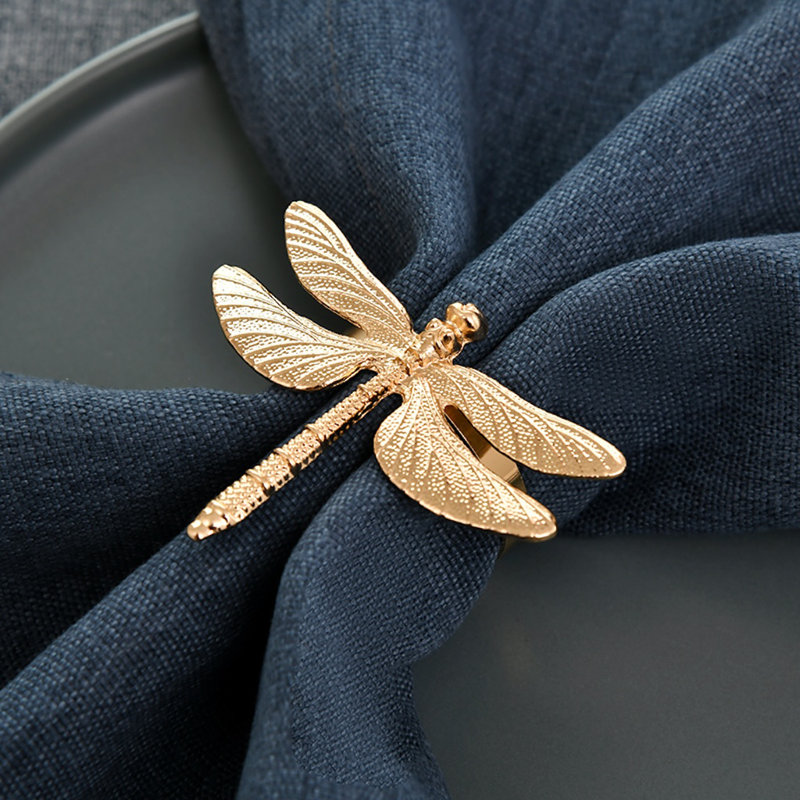 Set of Gold Coloured Napkin Rings in Dragon Fly Shape for Elegant Kitchen and Dinner Table Settings