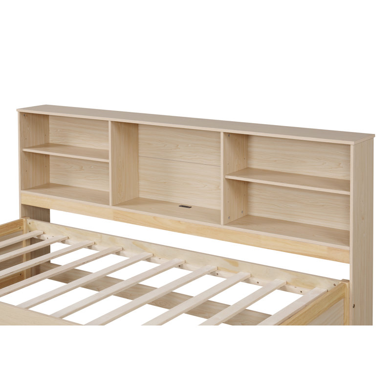 Structure de lit simple avec bibliothèque latérale, deux tiroirs et port USB intégré , Naturel