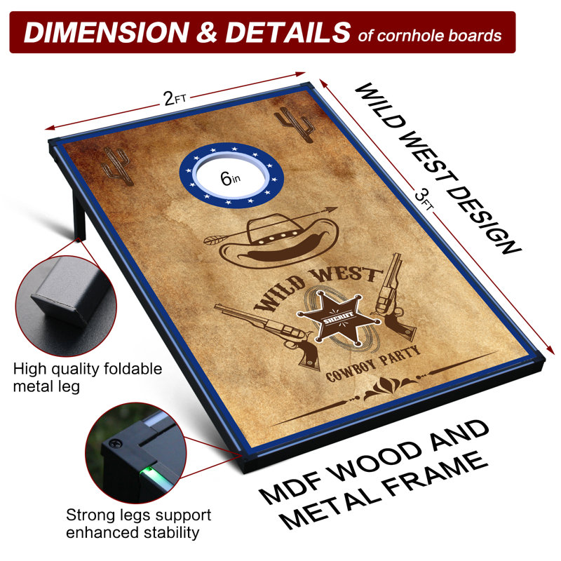 Ensemble de jeu de cornhole à DEL, ensemble de jeux de planches de cornhole de taille réglementaire de 2 pi, jeu d'extérieur en trous de maïs, ensemble de jeu de trous de maïs avec 2 planches, 8 sacs de grains