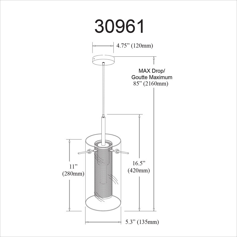 Luminaire suspendu cylindrique simple 1 lumière Percy, Chrome poli