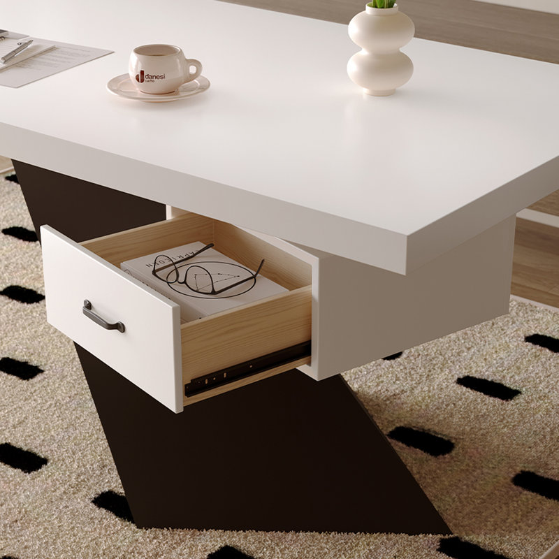White Rectangular Solid Wood with 1 drawers writing desk, Computer desk, 29.53" H x 86.61" W x 31.5" D, Right Hand Return