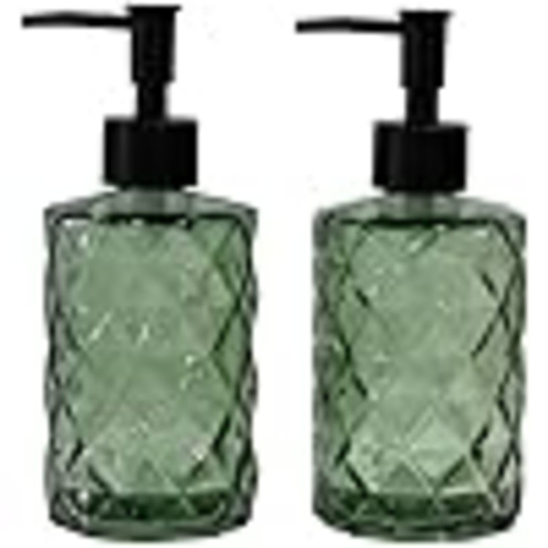Distributeur de savon en verre vert avec pompe en plastique noir, distributeur de savon liquide 12 oz rechargeable, lot de 2 bouteilles de lotion en cristal pour décoration intérieure moderne, salle de bain, comptoir de cuisine, hôtel