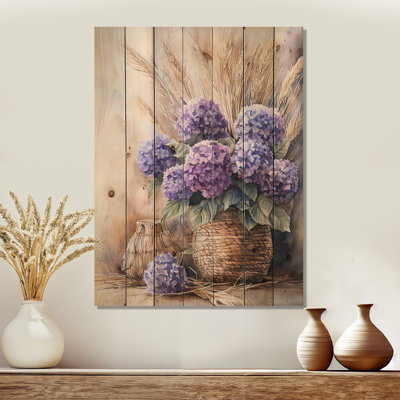 Hortensias et bouquet d'herbes de Pampa I - impression sur bois d'hortensias - sur bois de pin naturel