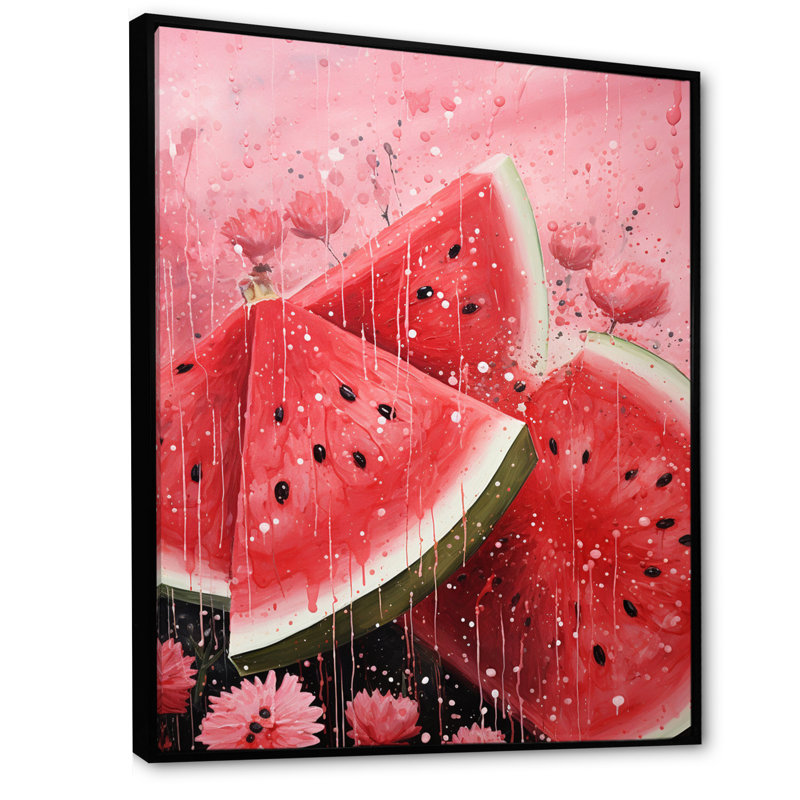 Fruit pastèque rose pointillisme encadré sur toile, Cadre noir, H 20 po x l 12 po x P 1 po