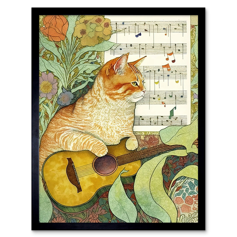Orange Tubby Cat With Guitar And Sheet Music In Floral Nouveau Pattern - Single Picture Frame Print