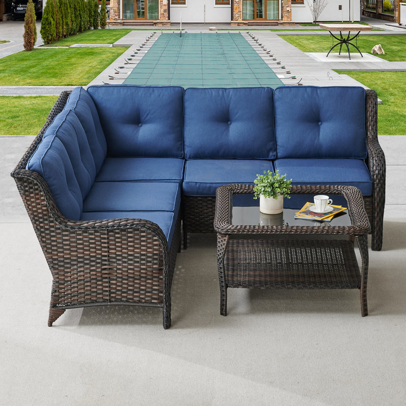 Tonry 88'' Wide Rectangle Wicker Patio Sofa with Cushions, Navy, Brown