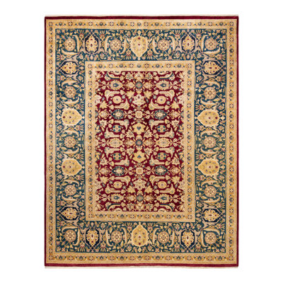 Tapis bleu sarcelle / rouge / jaune noué à la main de conception unique 8 pi 2 po x 10 pi 6 po Keenan