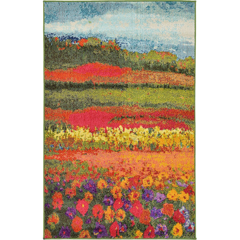 Tapis vert / rouge / jaune Glenarden, Rectangle 3 pi 3 po x 5 pi 3 po