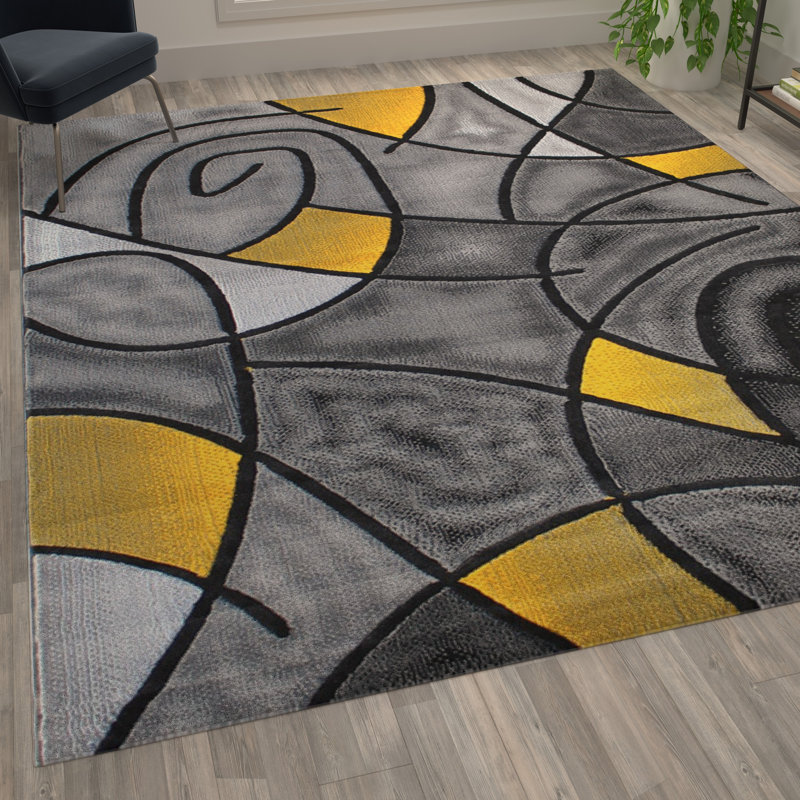 Sioar Yellow and Gray Modern Abstract Pattern Area Rug, Runner 2' x 7'