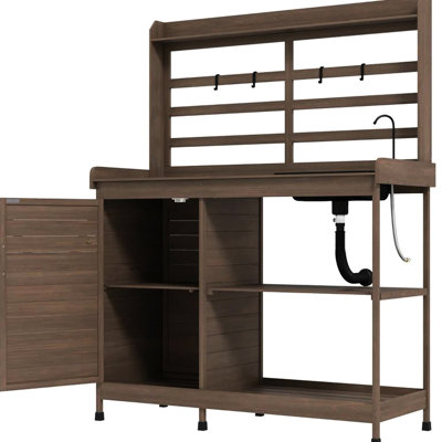 Banc de jardinage pour poste de travail avec rangement, évier, robinet d'eau, bois de sapin brun foncé, de conception antidérapante, idéal pour le jardin, zone de suspension extérieure pour outils de L 44,1 po x l 17,7 po H 57,5 po, facile à nettoyer,