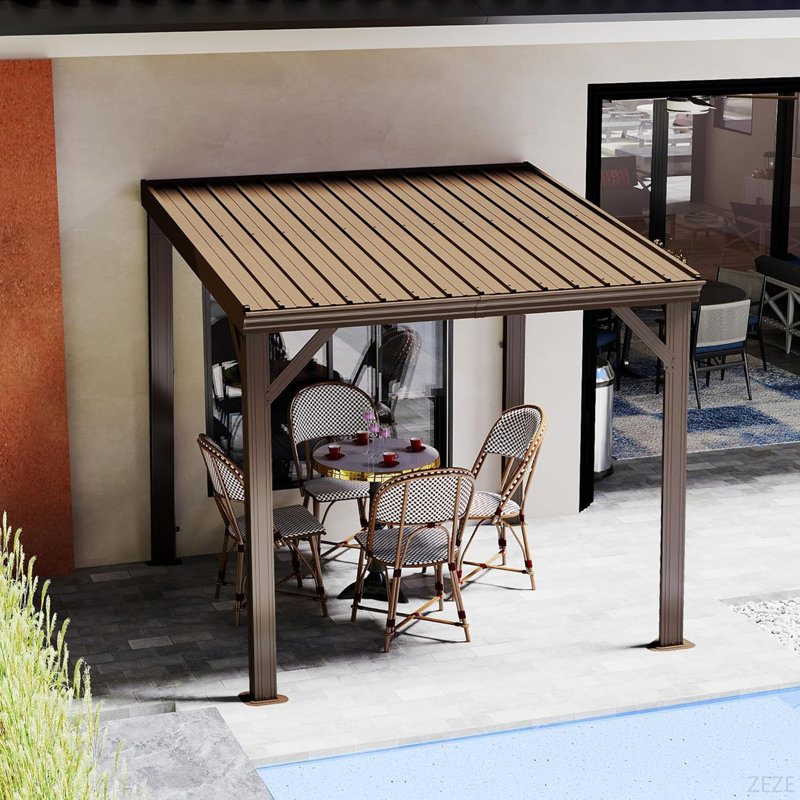 8' X 8' Lean To Gazebo, Wall Mounted Gazebos Pergola With Built In Drainage System, Galvanized Steel Roof, Hardtop Patio Shelter For Deck, Porch, Backyard And More