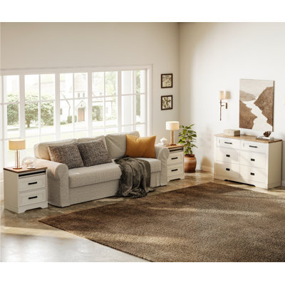 Glenford Farmhouse Dresser And Nightstand Set Of 3,48" W 6 Drawer Dresser And 2 Pieces Nightstands With 1 Charging Station And Drawer,Wooden Bedroom F