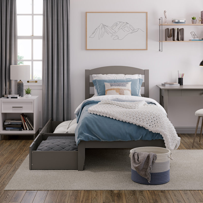 Elliana Solid Wood Platform Bed with Storage Drawers & Built-in Charging Station, Twin, Gray