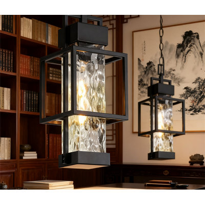 Outdoor Pendant Light With Seeded Glass, Waterproof Hanging Lantern For Porch Entryway Gazebo Patio, E26 Base And LED Bulb Included