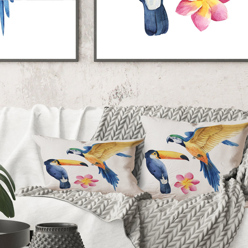 Two Tropic Birds Parrot And Toucan - Tropical Printed Throw Pillow, 16" x 16"