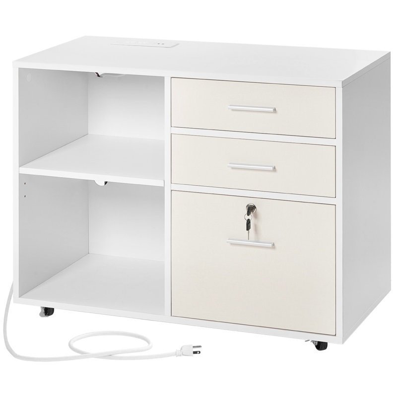 Classeur mobile blanc avec 3 tiroirs et éclairage - rangement spacieux pour imprimantes de livres, support à dossiers réglable, tiroir facile à nettoyer en bois avec tablettes ouvertes polyvalentes