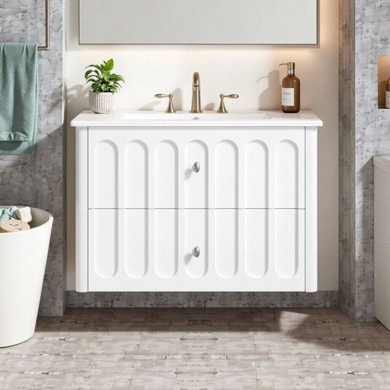 Meuble-lavabo simple avec lavabo en céramique, tablette ouverte, 2 tiroirs, Blanc