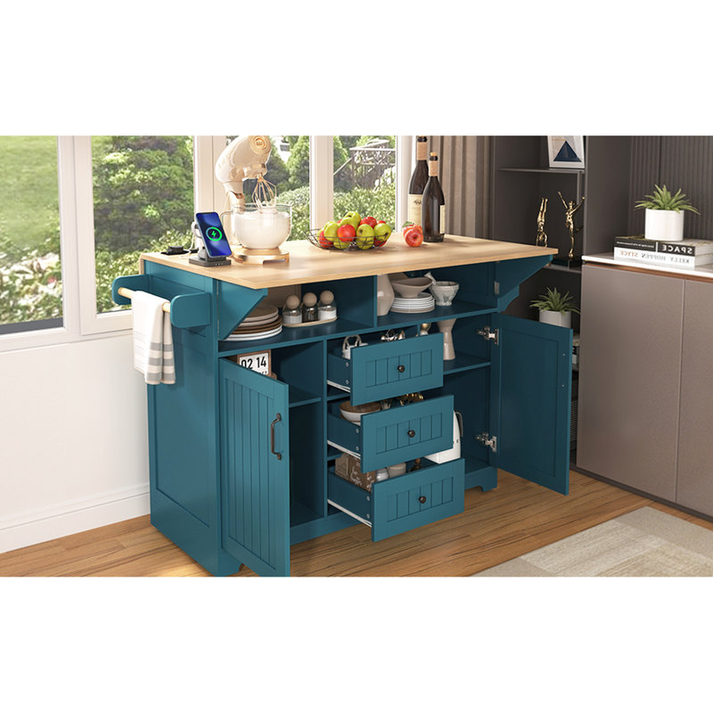 55.7" Kitchen Island With 2 Drop Leaf, Rolling On 5 Wheels, Power Supply, Folding Storage Table And Style, Feature, Charging Station, 3 Drawers, For Use