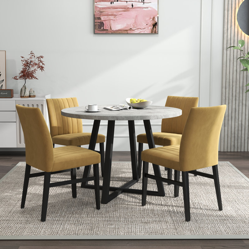 Ensemble de salle à manger 5 pièces Roundhill Furniture, table ronde à tréteaux et 4 chaises rembourrées, gris et jaune