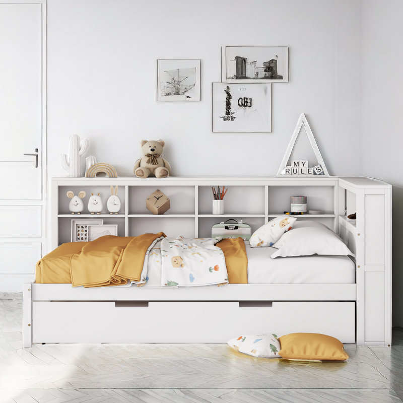 Lit de jour en bois avec couchette Hanin, tablettes de rangement et station de charge, Blanc, Double