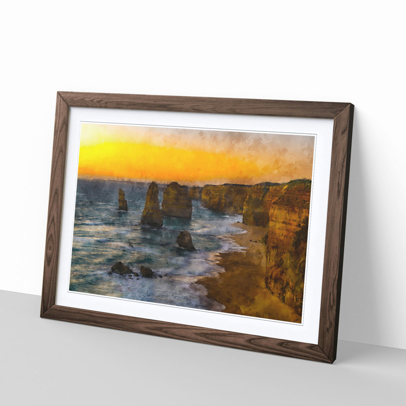 Sunset Over The Twelve Apostles - Single Picture Frame Painting on MDF, 33cm H x 45cm W x 2cm D, Walnut Framed