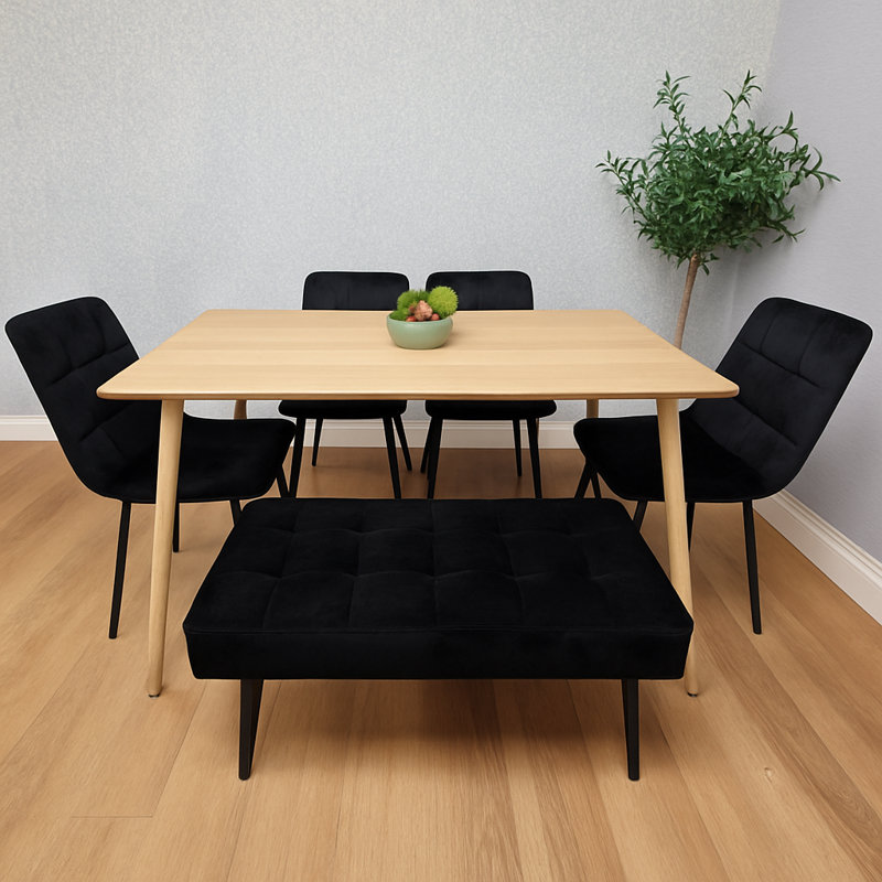 Wooden Dining Table Set with 4 Velvet Dining Chair And 1 Velvet Bench, Black