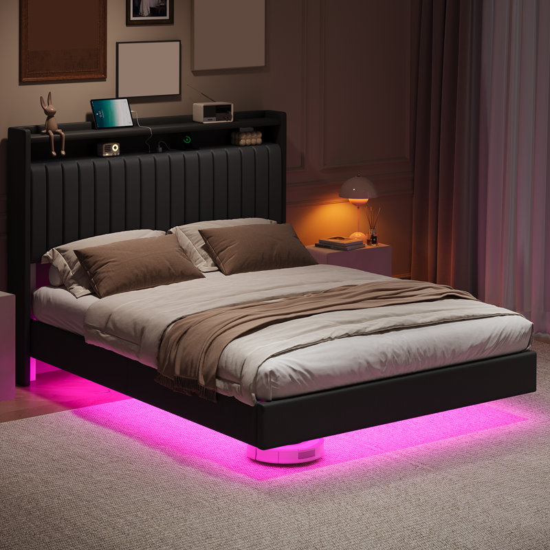 Cadre de grand lit avec tête de lit tapissier, lit plateforme en métal avec station de charge USB et rangement, cadre de lit flottant avec lumières DEL romantiques, assemblage facile, aucun sommier tapissier requis