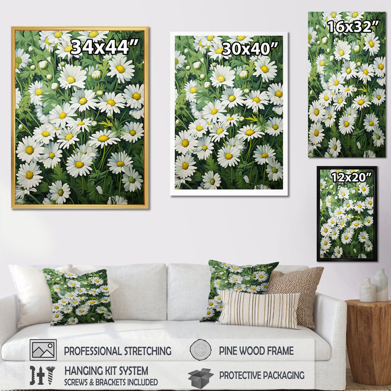 «White Daisy Blooming Elegance V», reproduction sur toile, H 40 po x l 30 po x P 1,5 po, Cadre naturel flottant