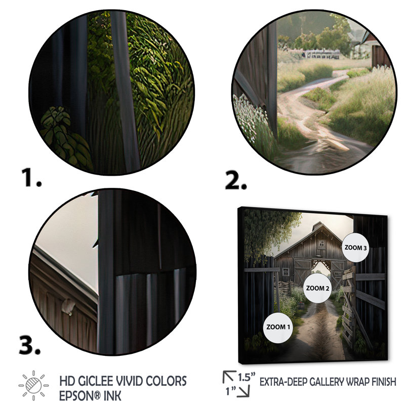 Pittoresque chemin sinueux et grange I - Barn Farm Ranch, impressions sur toile, H 24 po x l 24 po x P 1 po