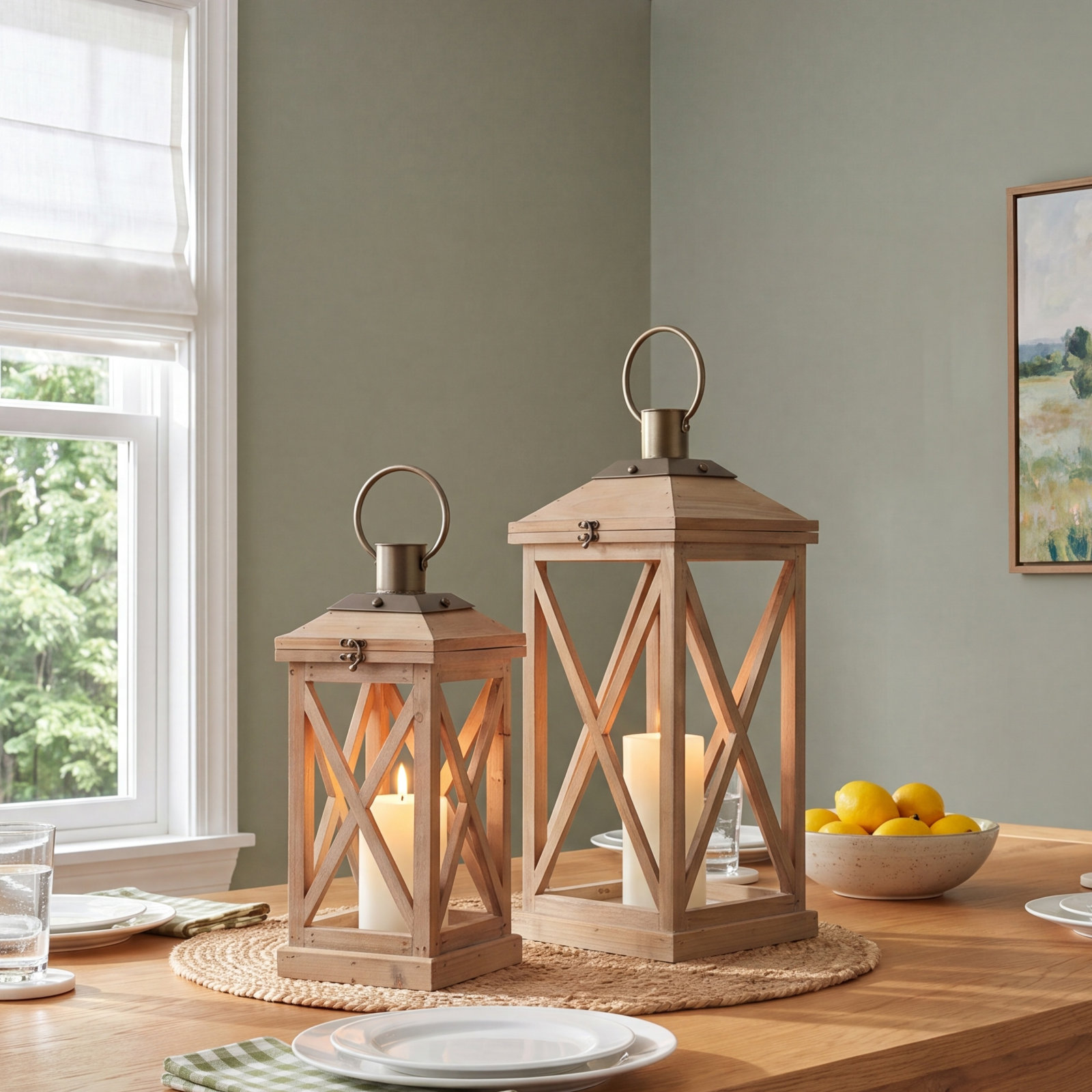 Wood and Metal Indoor and Outdoor Tabletop Lanterns, Brown
