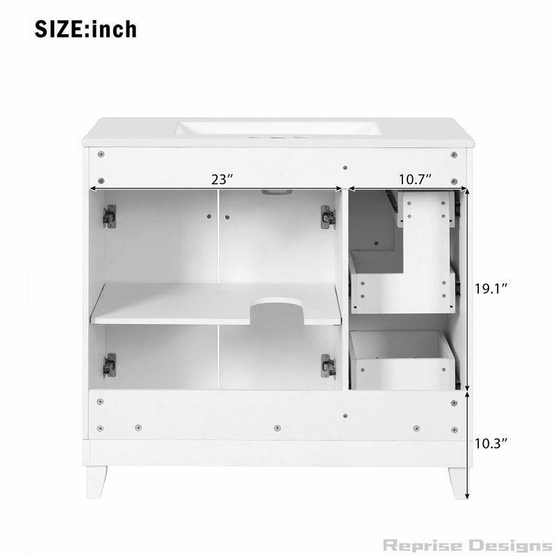 Meuble-lavabo moderne 36 po avec lavabo en céramique, tablettes réglables et tiroirs, Blanc