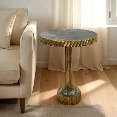 Luxueuse table d'appoint ronde dorée de 18 po avec finition antique appliquée à la main