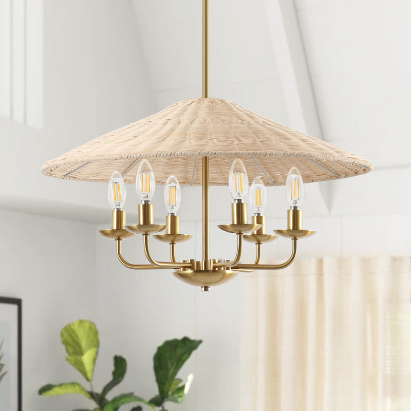 6-Light Hand-Woven Rattan Cone Pendant Chandelier, Gold, Beige
