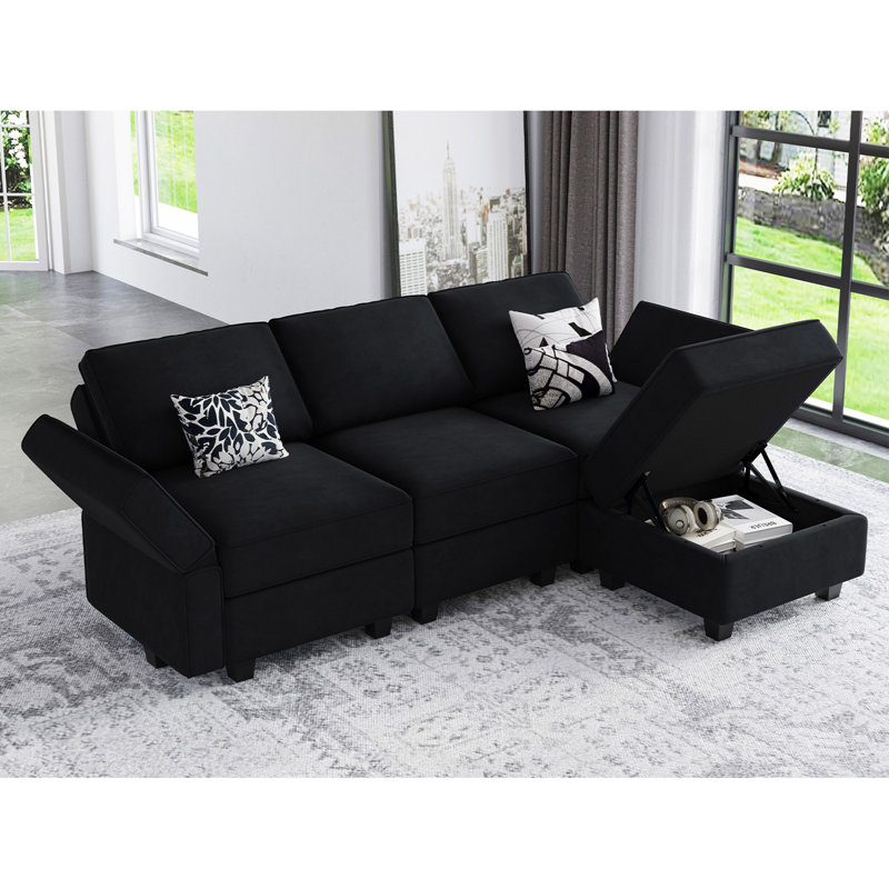 Nakash L-Shaped Sectional Modular Sofa with Storage Ottoman, Black Velvet