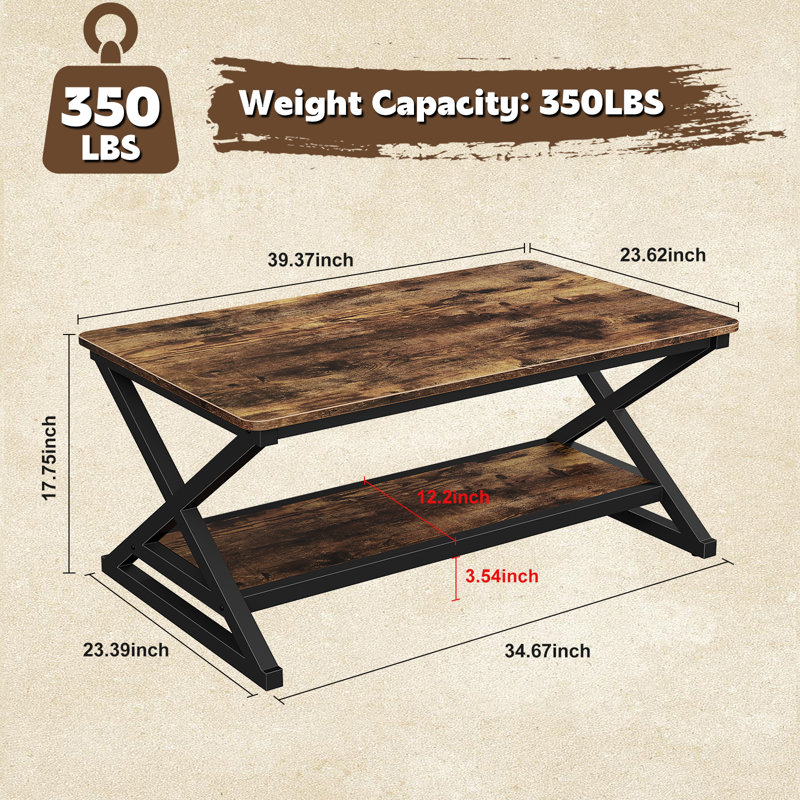 Table basse rectangulaire de 39,4 po de style rustique brun avec tablette de rangement pour le salon, capacité de charge de 350 lb, assemblage facile