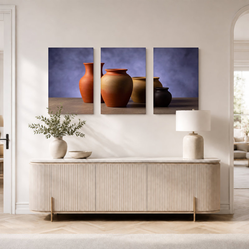Ensemble de 3 vases en terre cuite et céramique noire sur bois, H 18 po x l 12 po x 3 pièces