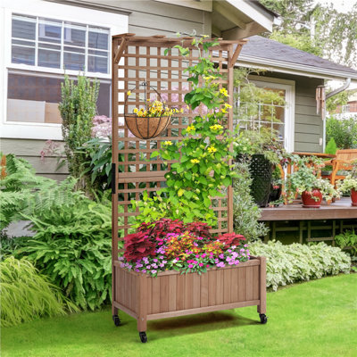 Yanine Handmade 75″ H Fir Wood Planter Box with Trellis and Wheels