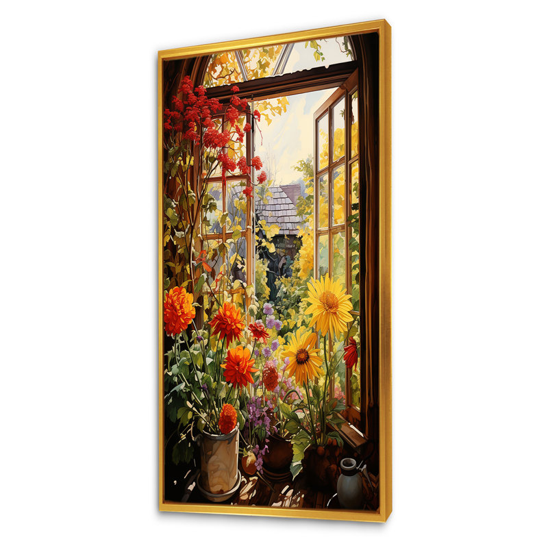 Fleurs d'été, vue de fenêtre à la ferme II - art mural floral, Cadre flottant doré, H 60 po x l 28 po x P 1,5 po
