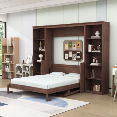 Wooden Murphy Bed with Built-In Desk and Storage Bookshelf