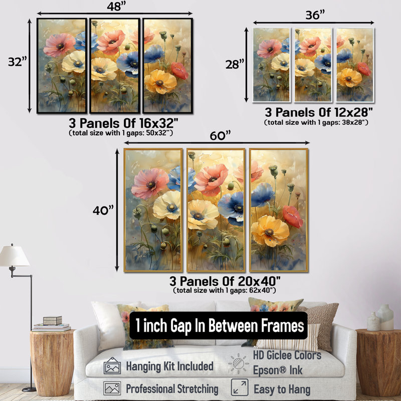 Ensemble de salon Stowmarket - Poppies Wall Art, Toile avec cadre flottant noir, H 40 po x l 60 po x P 1 po
