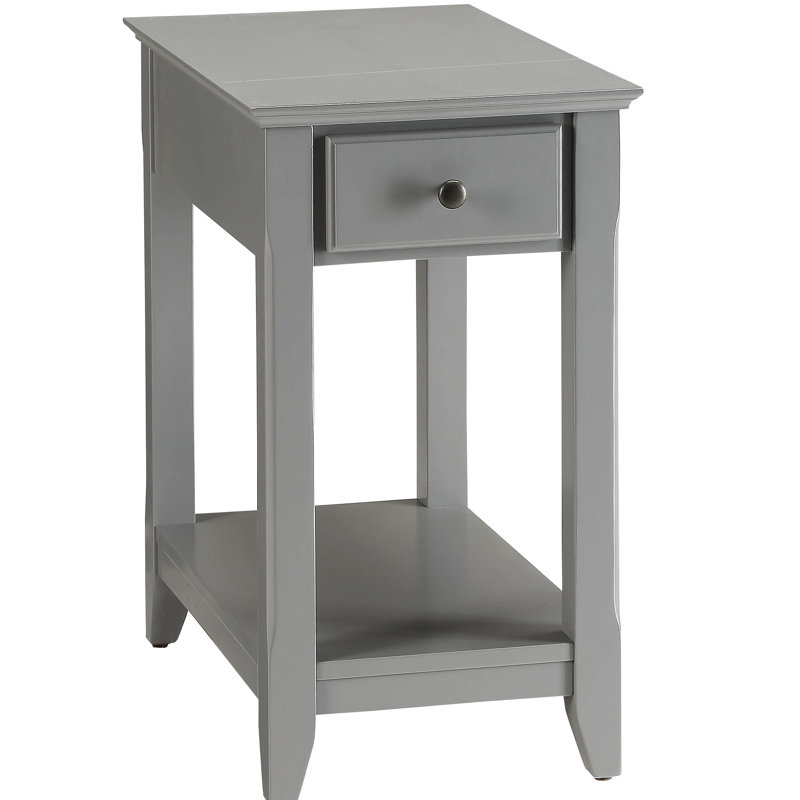 Grey Table With Open Bottom Shelf Storage & Rectangular Leg Structure Beneath