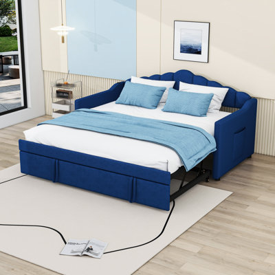 Twin Size Upholstered Daybed with Pop-Up Twin Trundle and Built-in Charging Ports
